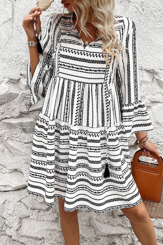 Black Stripe V Neck Bell Sleeve High Waist Mini Dress