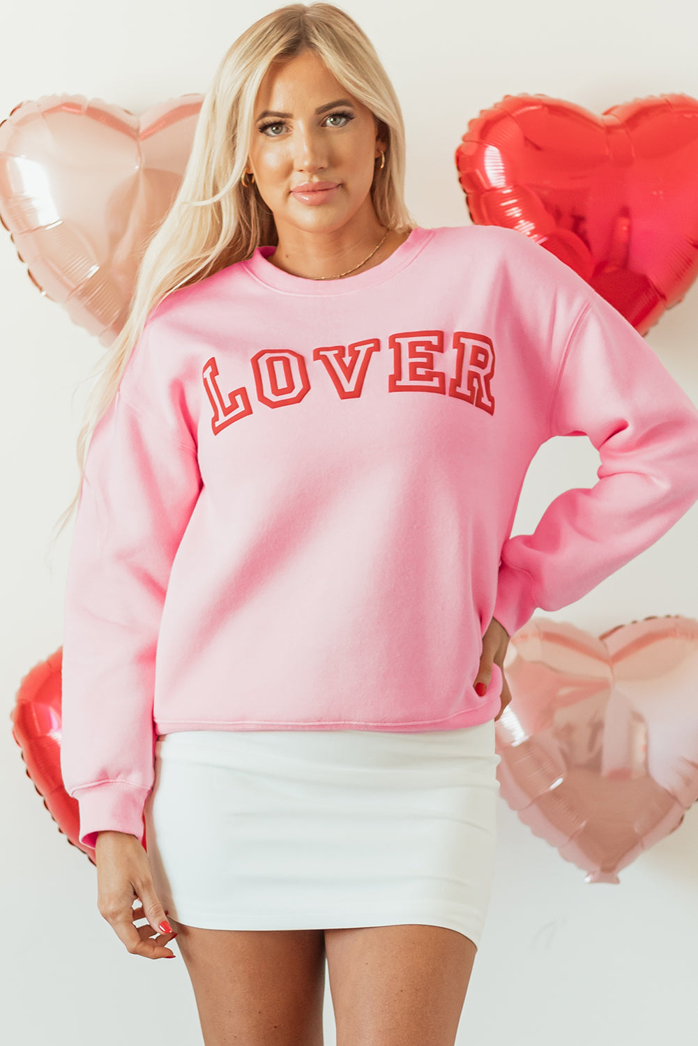 Pink LOVER Puff Print Drop Shoulder Pullover Sweatshirt