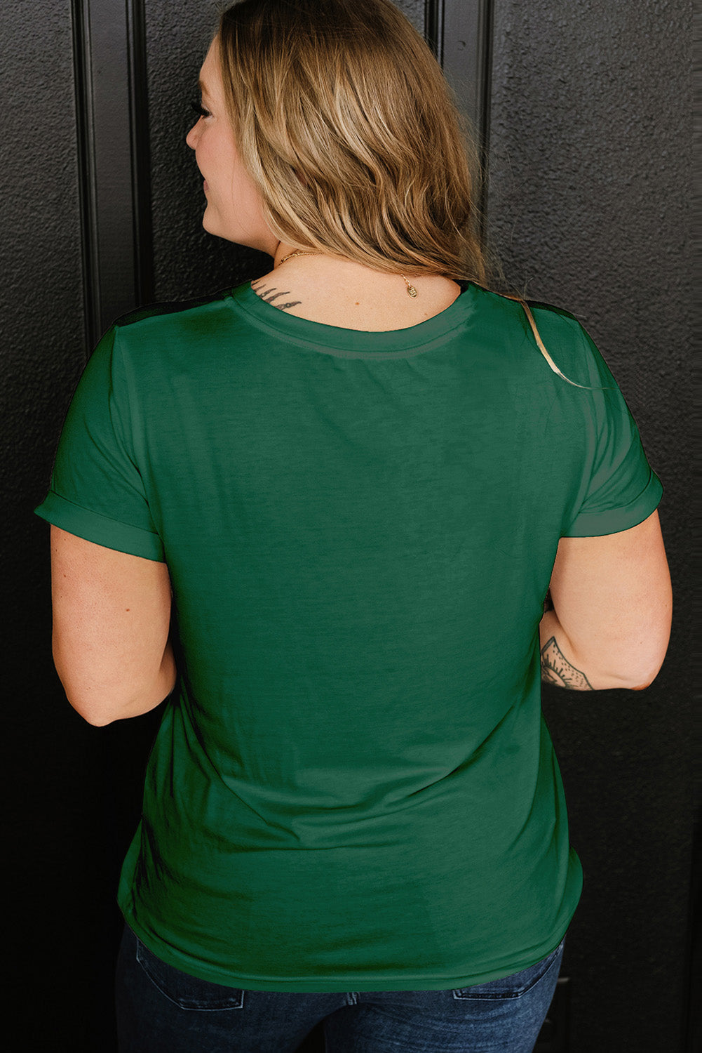 Dark Green Round Neck Rolled Sleeve Plus Size T-shirt