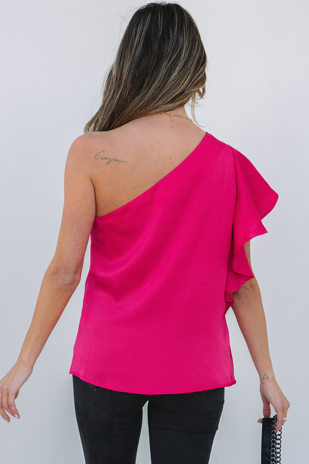 Strawberry Pink Asymmetric Shoulder Ruffle Sleeve Elegant Blouse