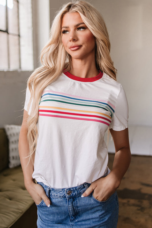 White Rainbow Stripe Print Contrast Crewneck T Shirt