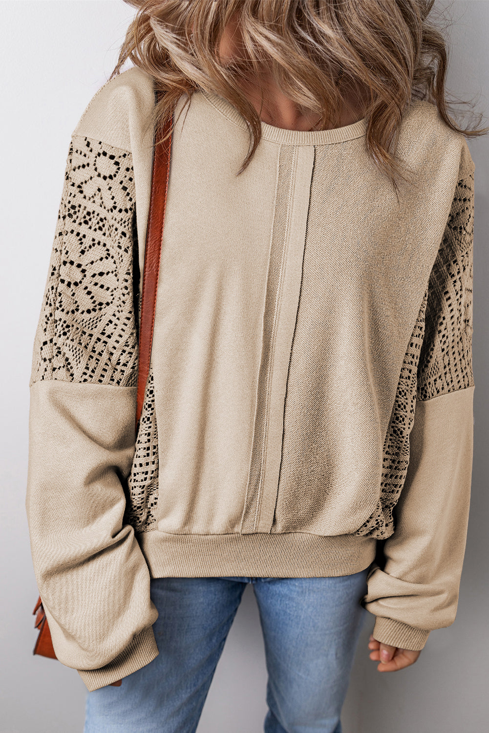 Orchid Petal Knit Crochet Exposed Seam Ribbed Trim Sweatshirt