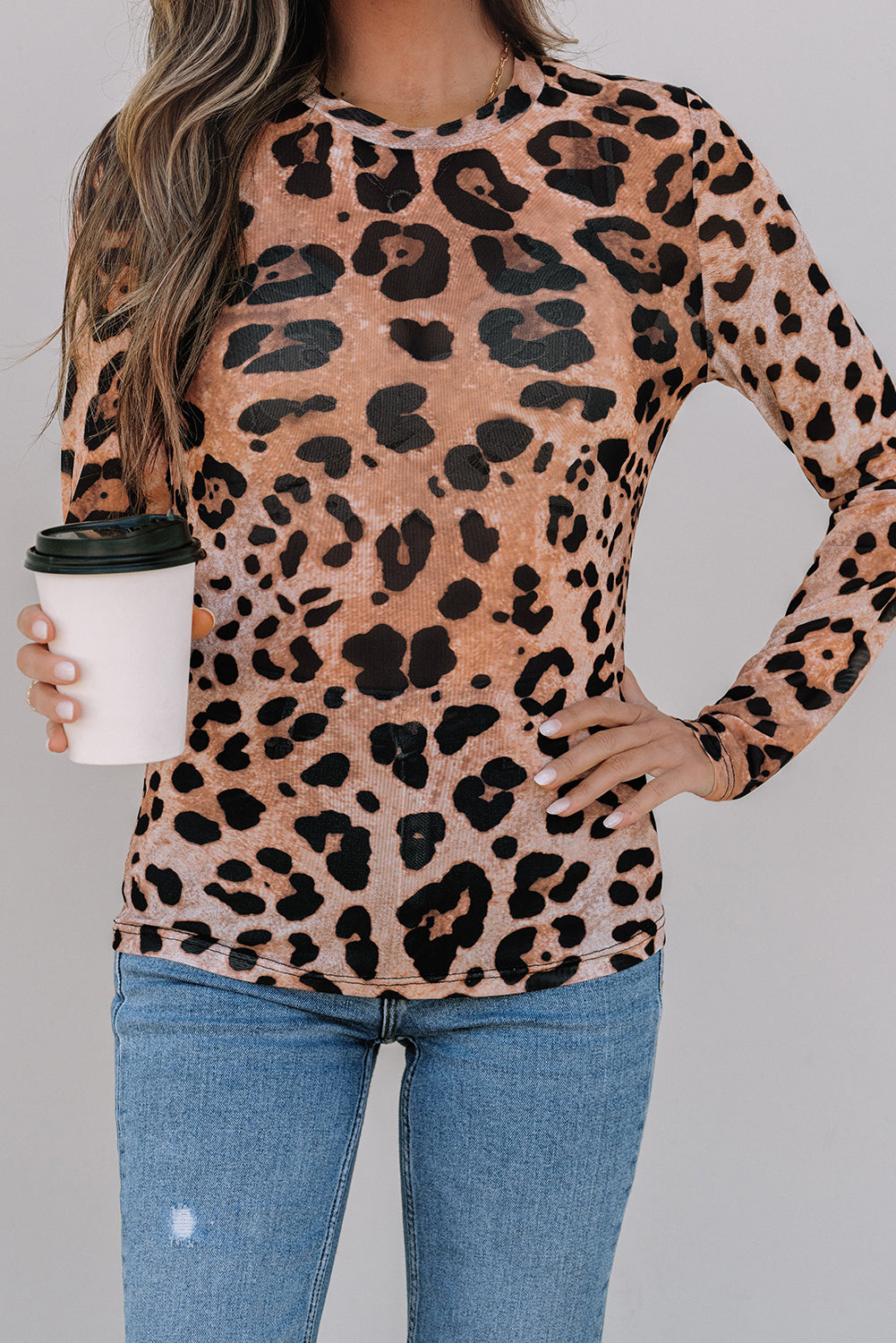 Brown Leopard Round Neck Long Sleeve Slim Top