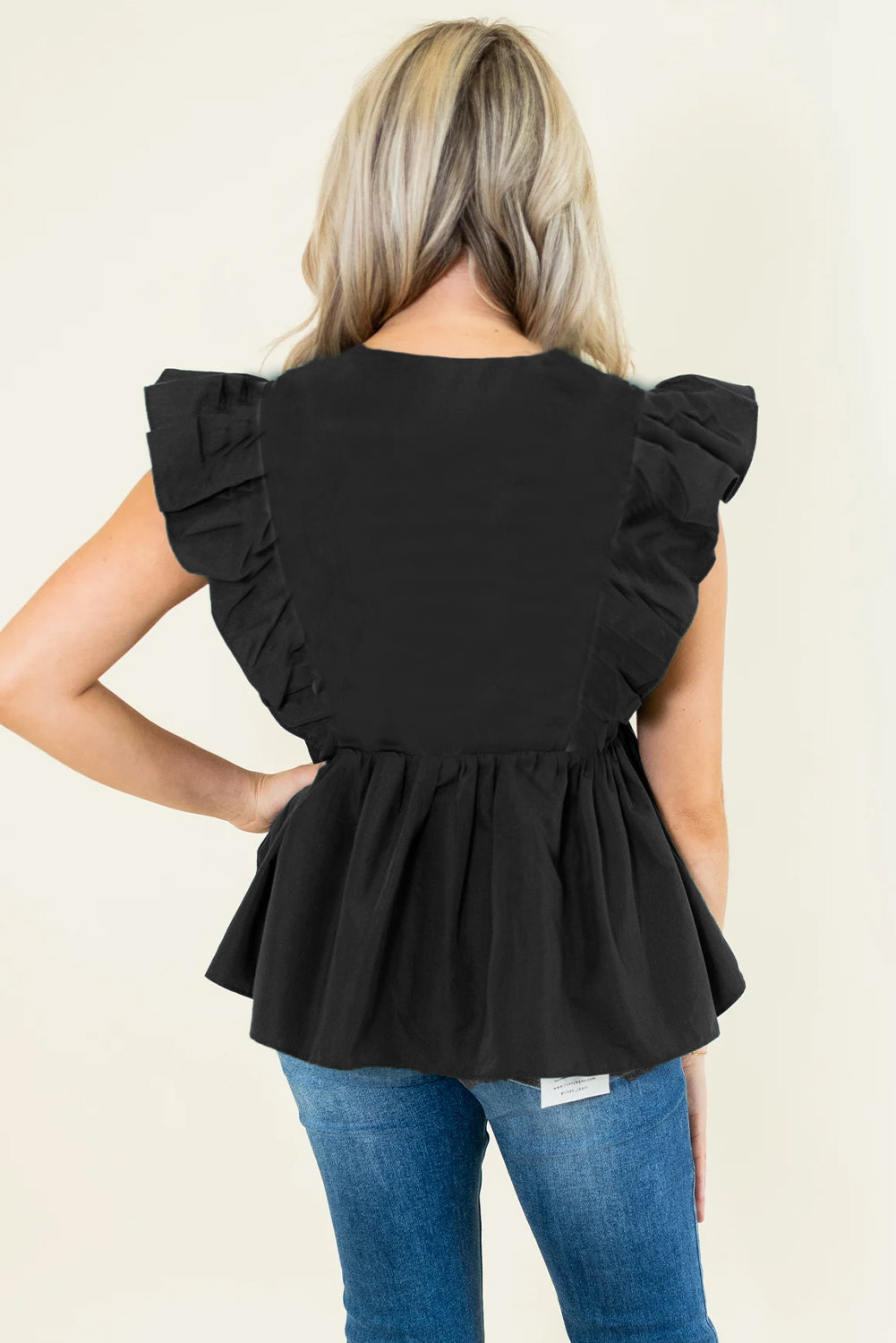 Black Contrast Ricrac Trim Ruffled V Neck Peplum Top