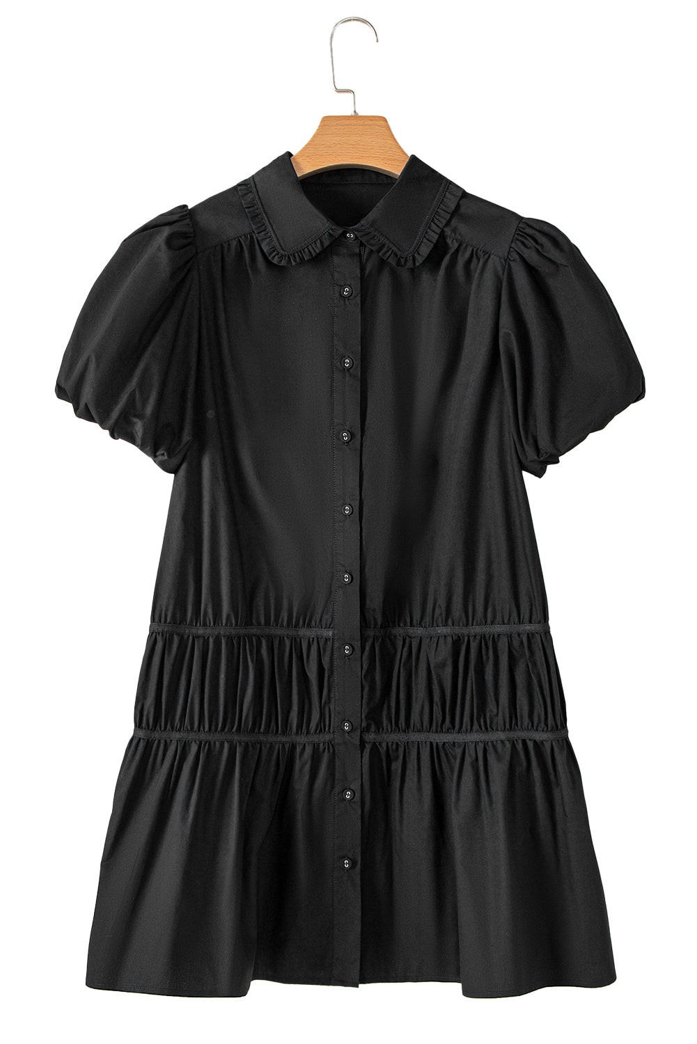 Black Shirt Style Button Down Puff Sleeve Ruffle Hem Dress