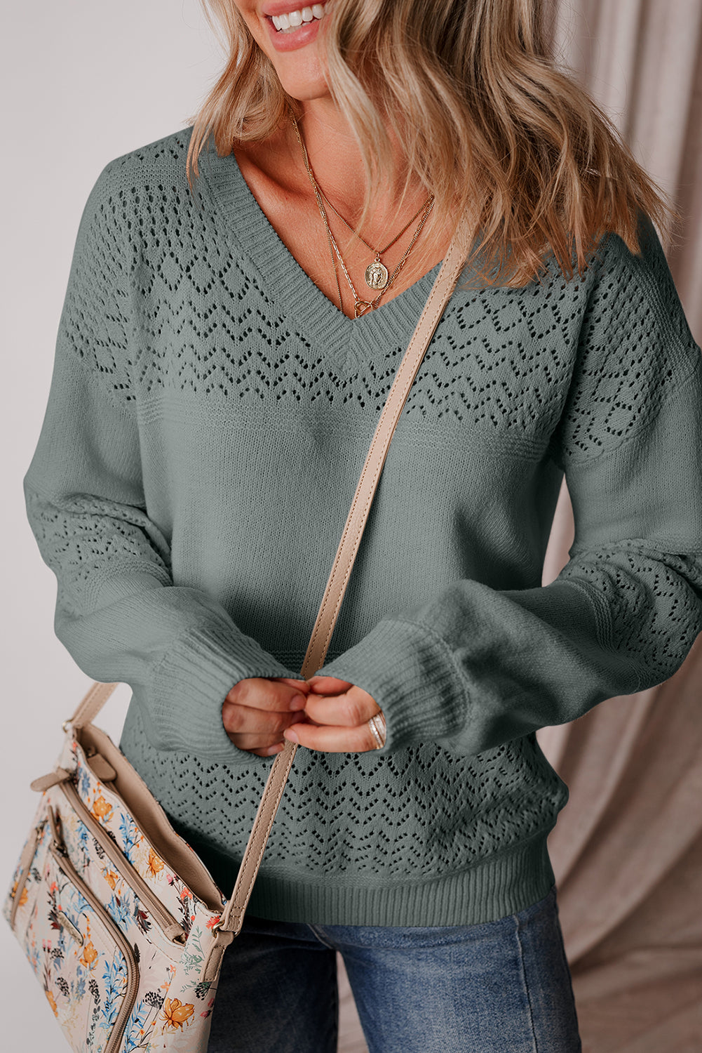 Black Eyelet Pattern Detail V Neck Drop Shoulder Sweater