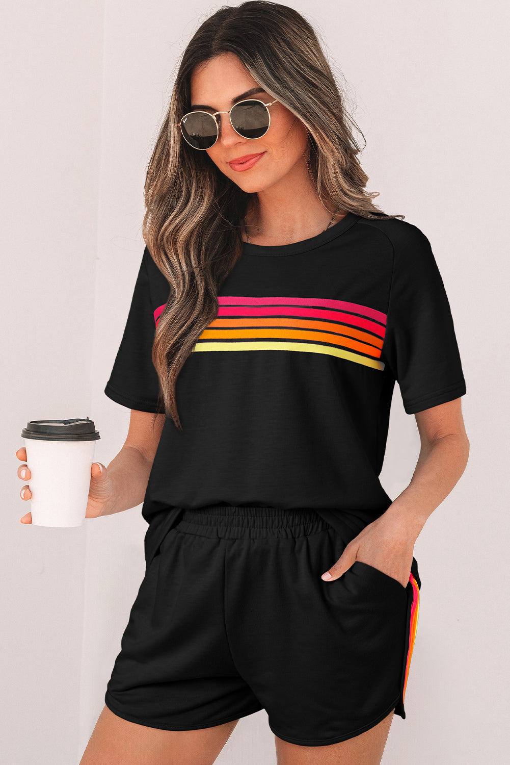 Black Striped Patch Front Casual Tee