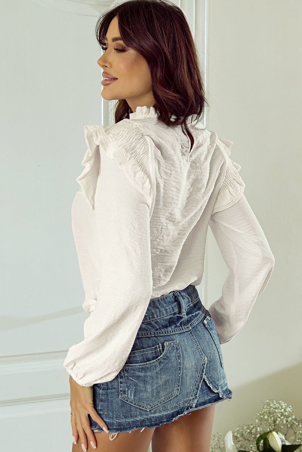 White Frilled Neck Ruffled Trim Bubble Sleeve Blouse