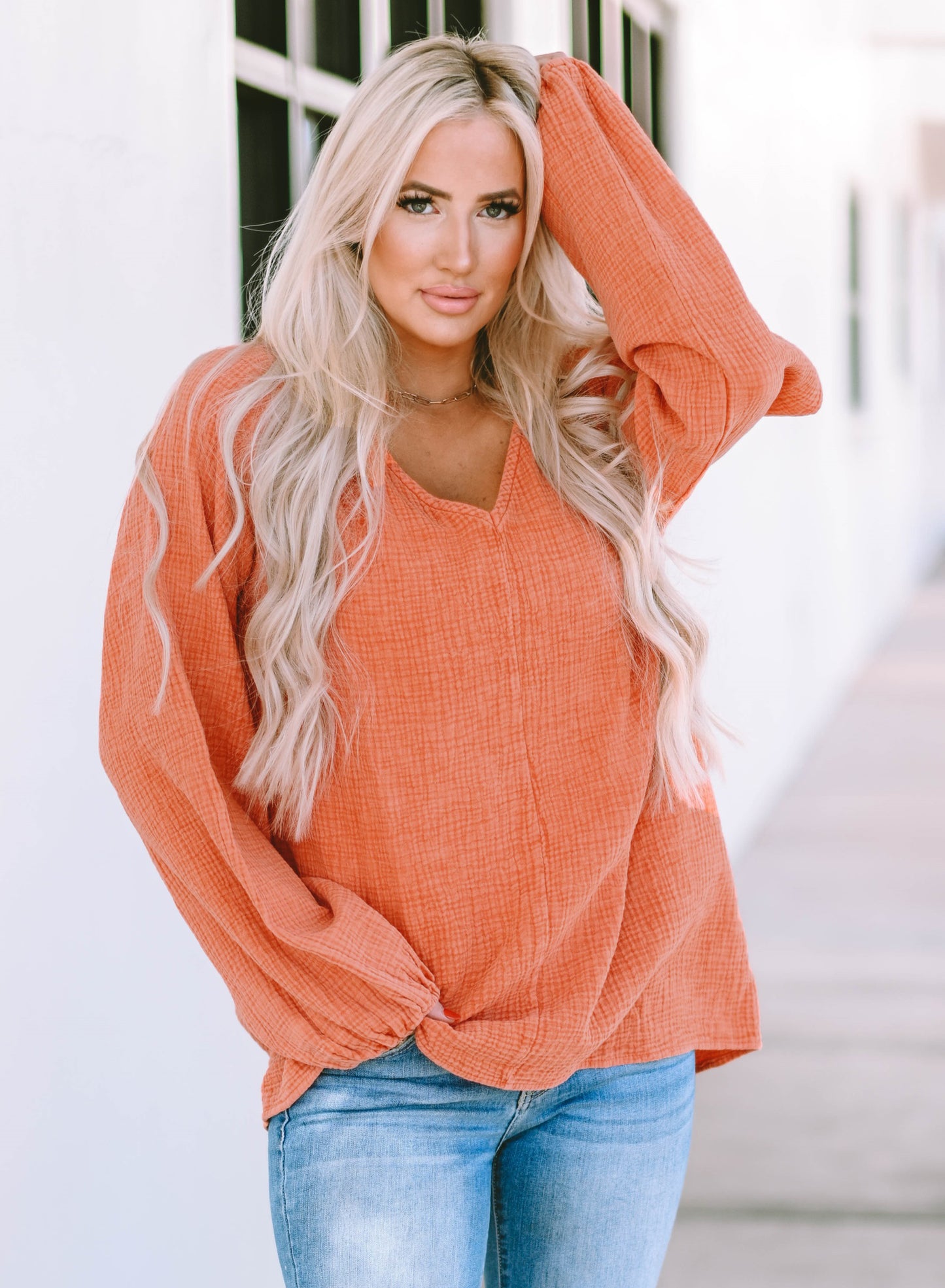 Orange Crinkle Textured Frill Split Neck Puff Sleeve Blouse