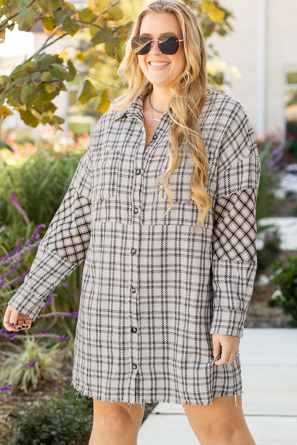 White Stripe Plus Size Plaid Buttoned Raw Hem Tunic Shirt Dress