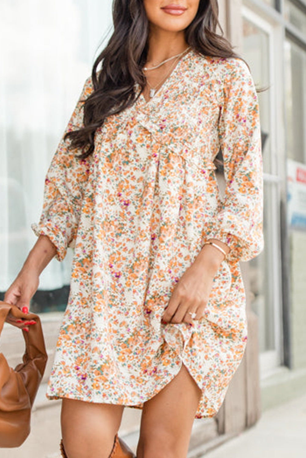 Yellow Boho Floral V Neck Ruffled Empire Waist Long Sleeve Mini Dress