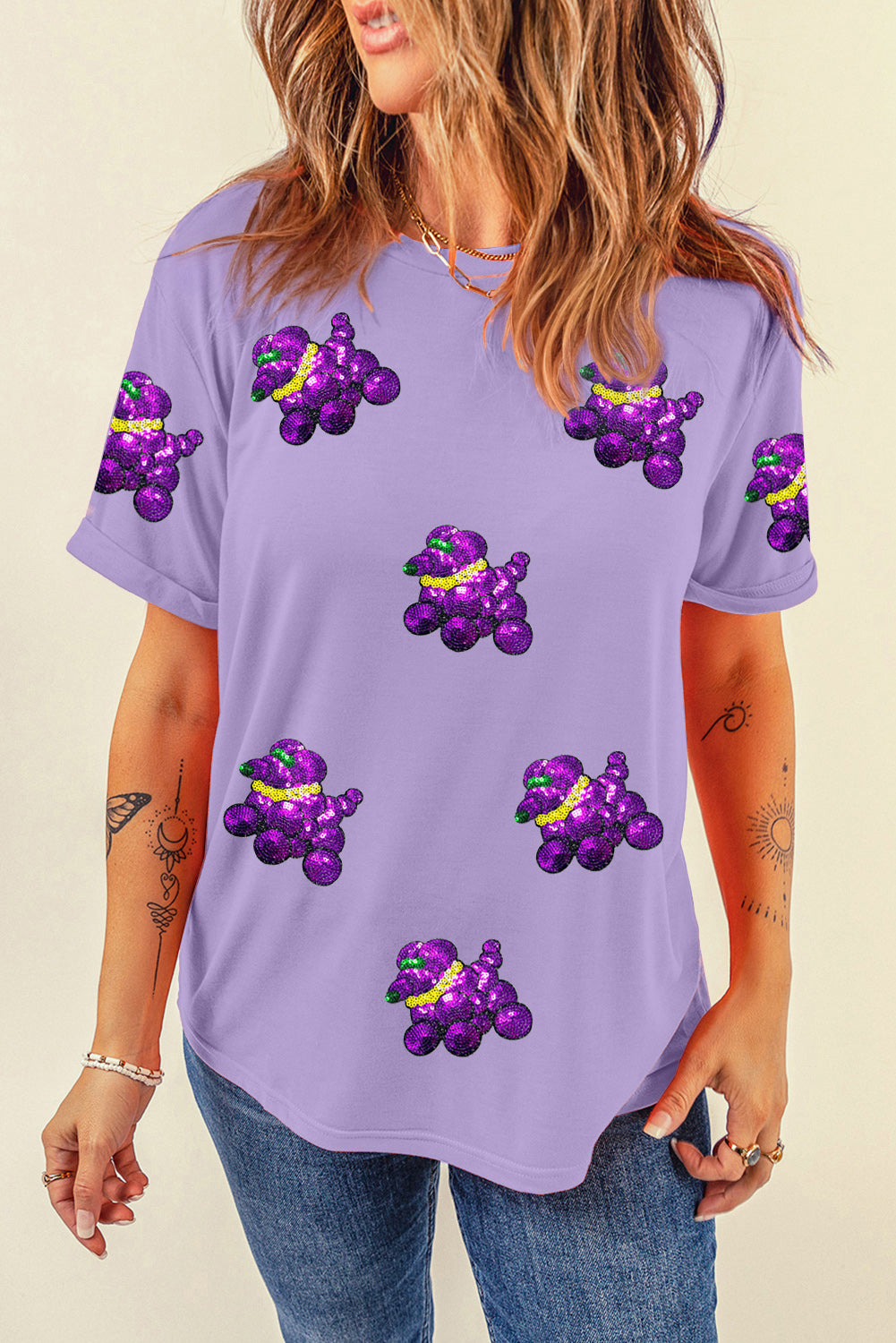 White Sequin Balloon Puppy Graphic Mardi Gras Tee