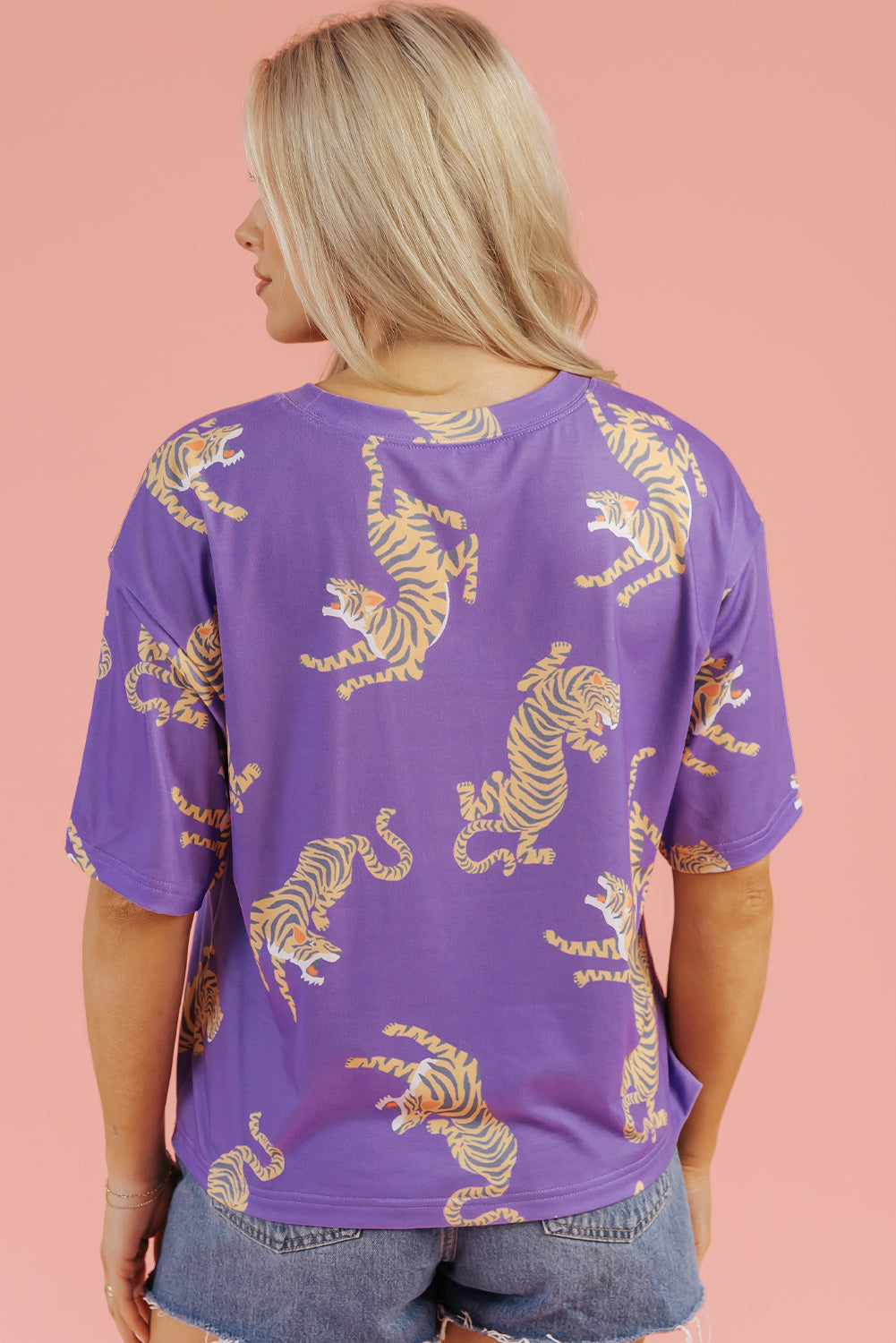 Purple Allover Tiger Printed Patch Pocket Loose T Shirt