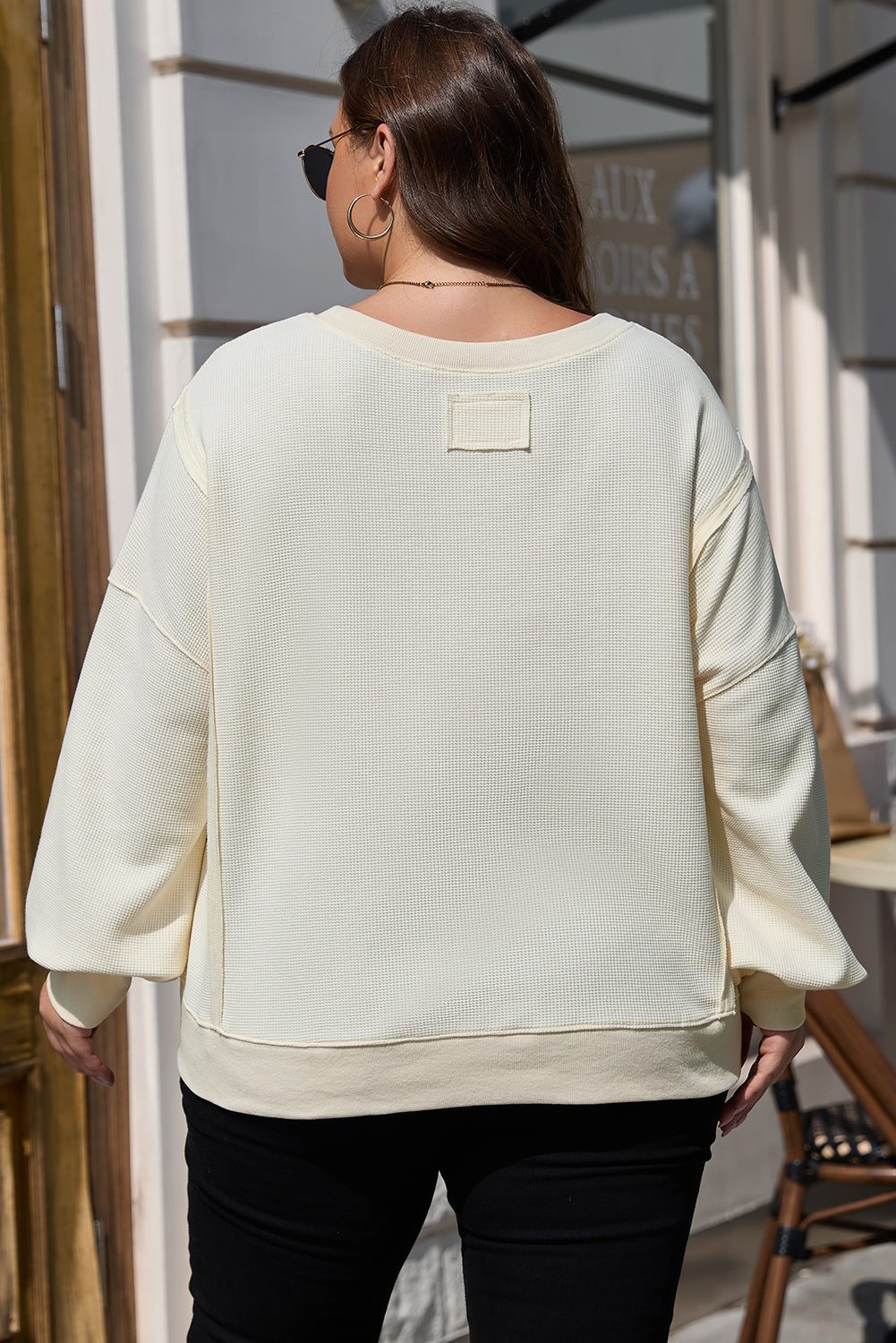 White Solid Color Waffle Knit Drop Shoulder Plus Size Sweatshirt