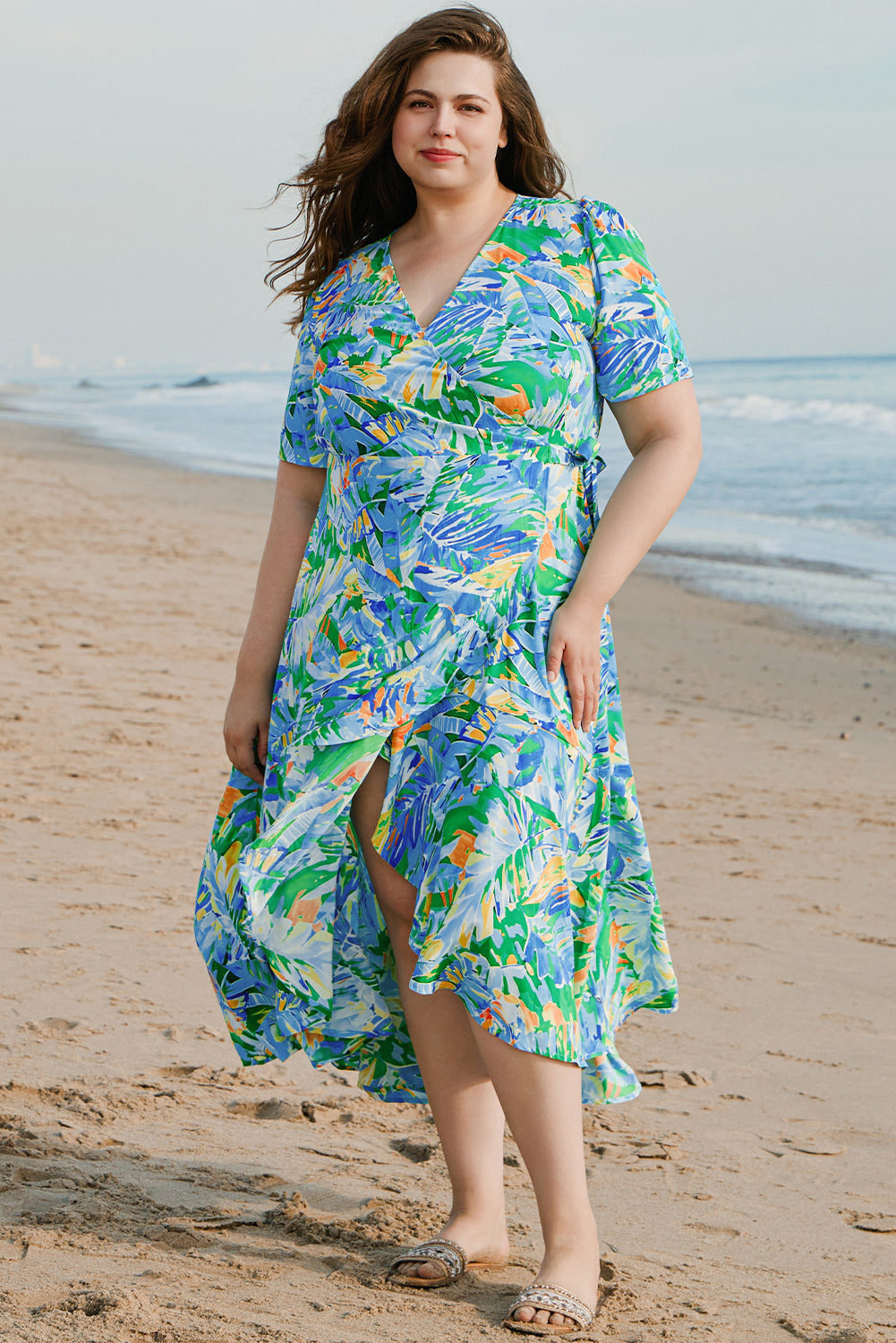 Green Leaves Print Short Sleeve Surplice Neck Ruffled Trim Plus Size Maxi Dress