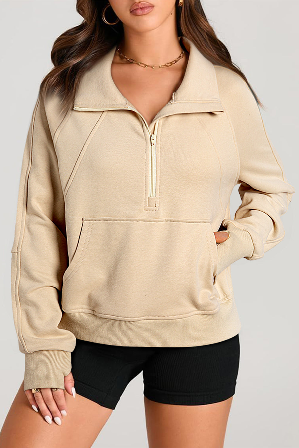 Black Quarter Zip Stand Neck Kangaroo Pocket Sweatshirt