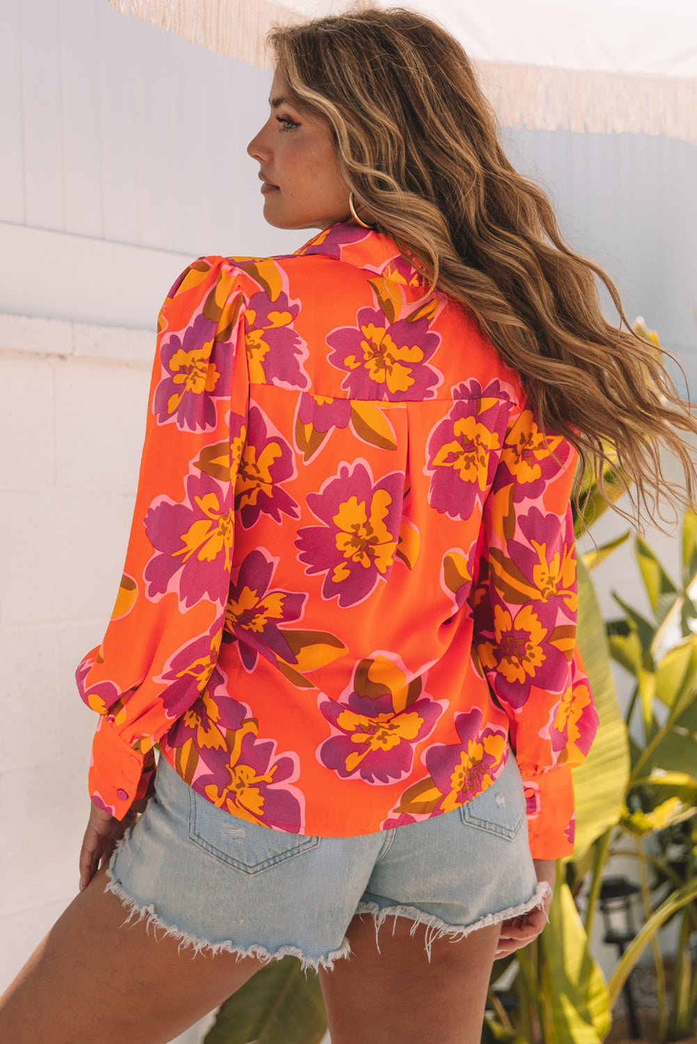 Orange Floral Print Lantern Sleeve Shirt