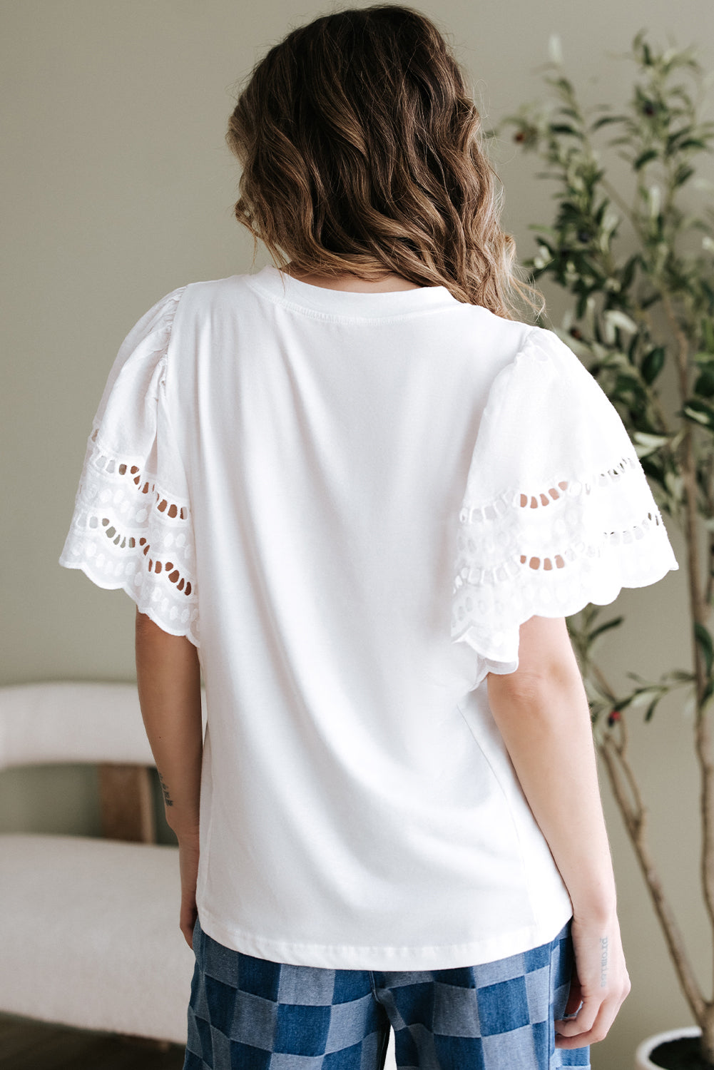 White Hollow Out Embroidered Short Sleeve O Neck Top