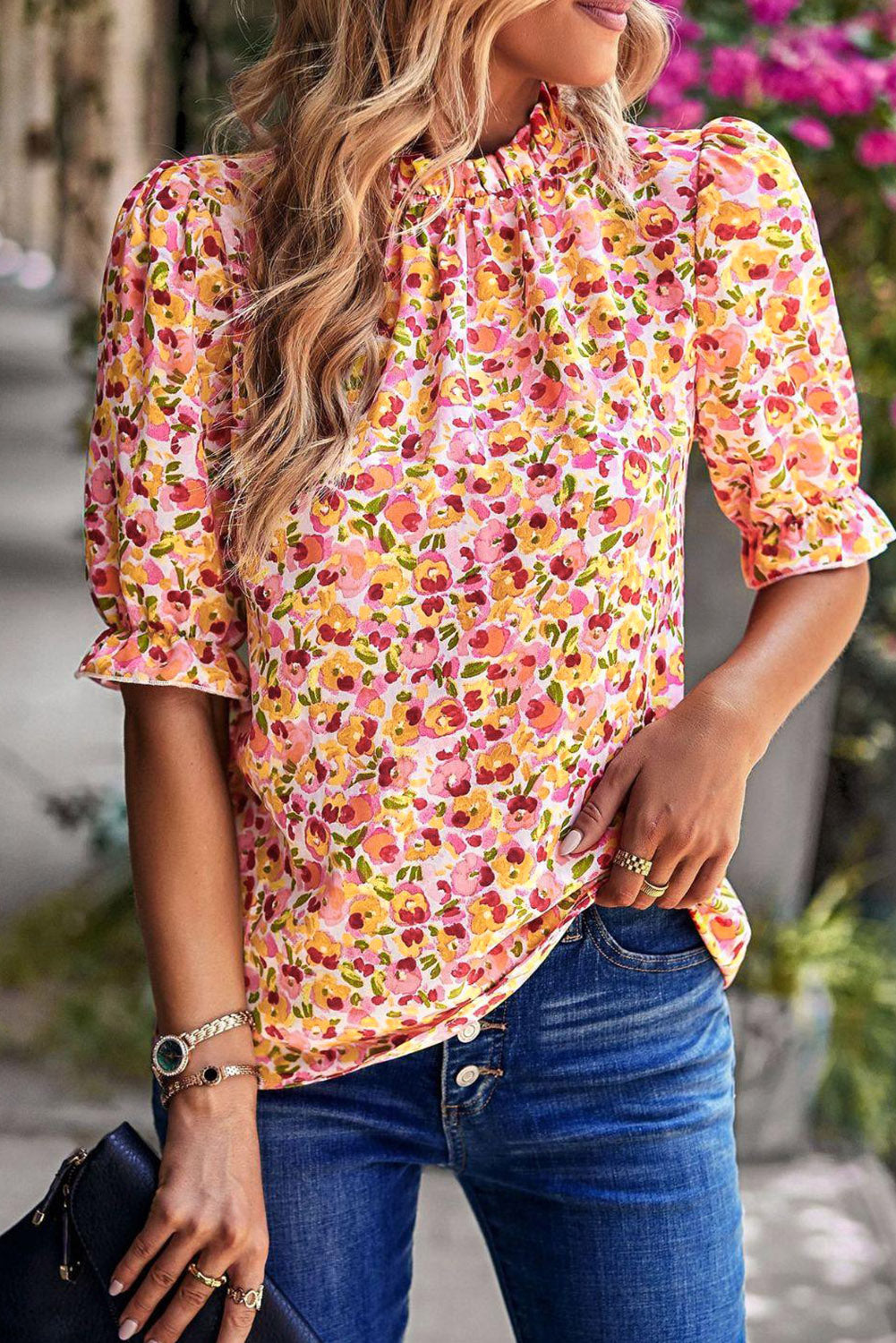 Yellow Boho Floral Ruffle Short Sleeve Frill Mock Neck Blouse