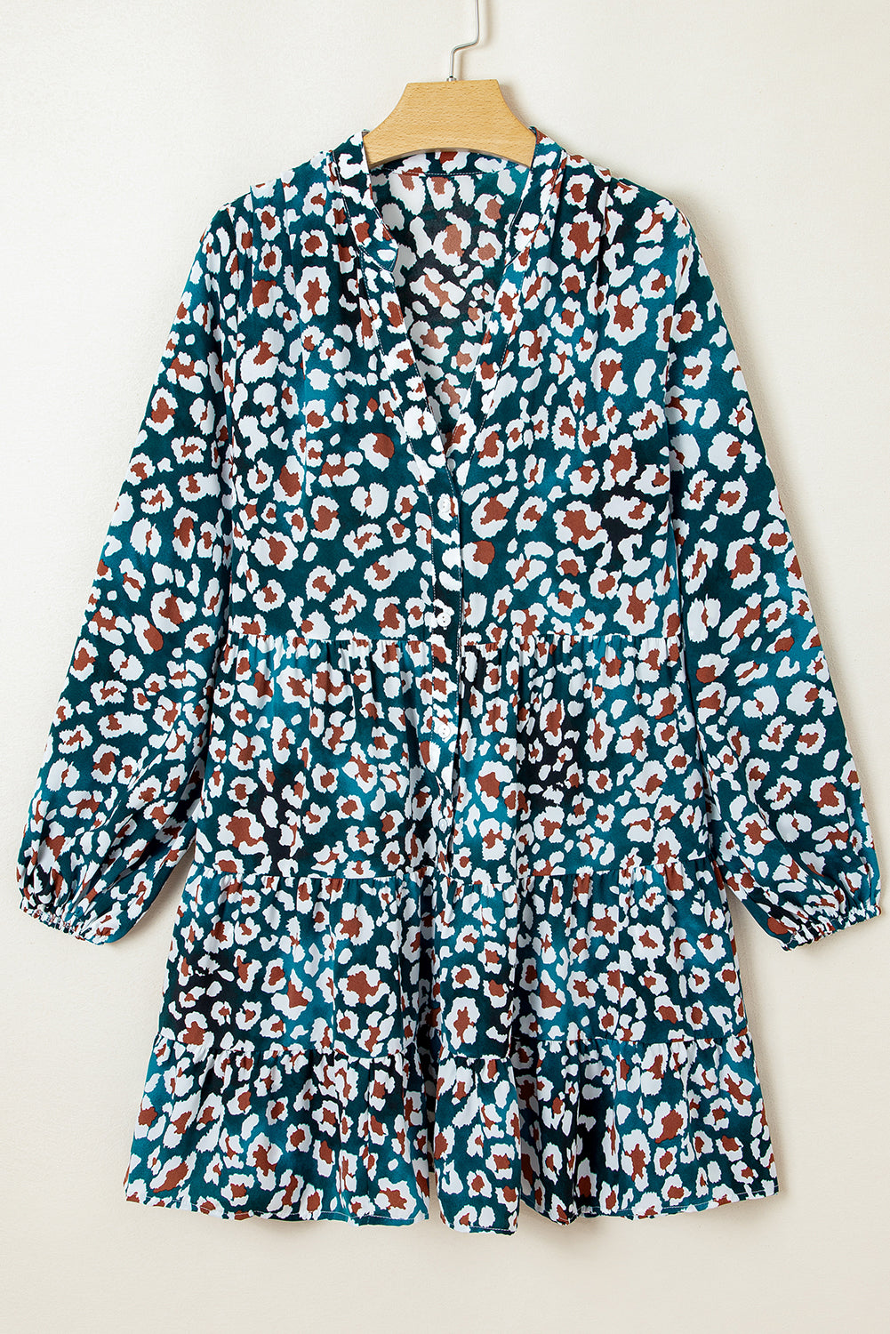 Blue Leopard Print Bubble Sleeve Ruffled Shirt Dress