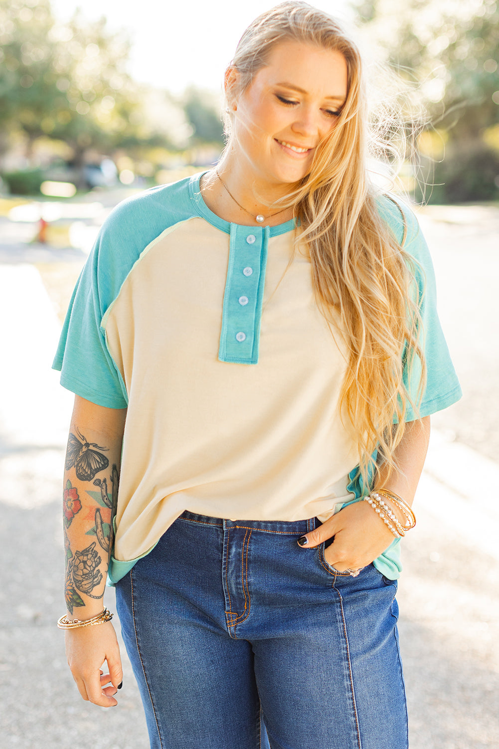 Mint Green Color Block Raglan Sleeve Buttoned Plus Size T Shirt