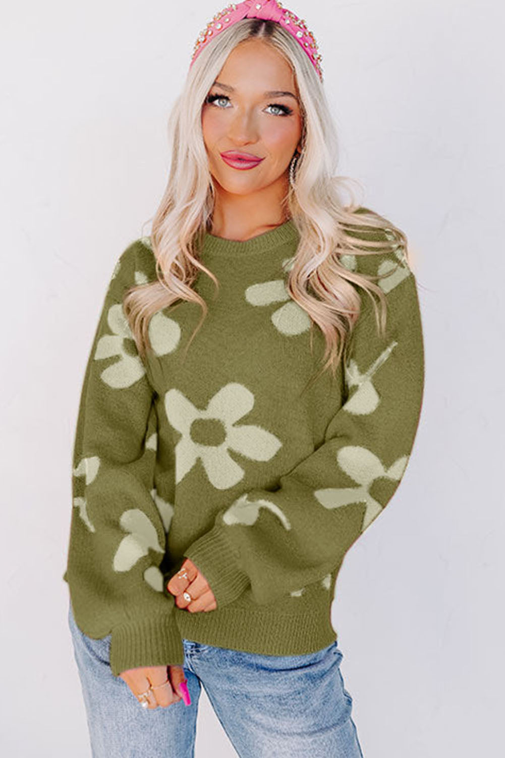 Spinach Green Big Flower Knit Ribbed Trim Sweater