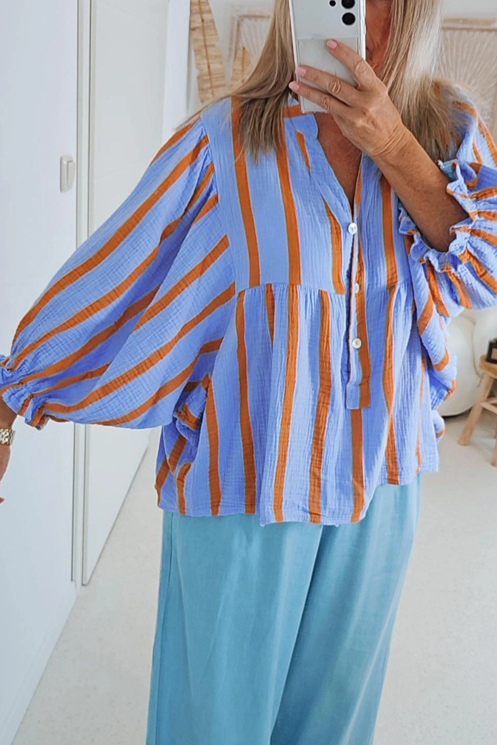 Orange Stripe Crinckled Ruffled Sleeve Button up Loose Shirt