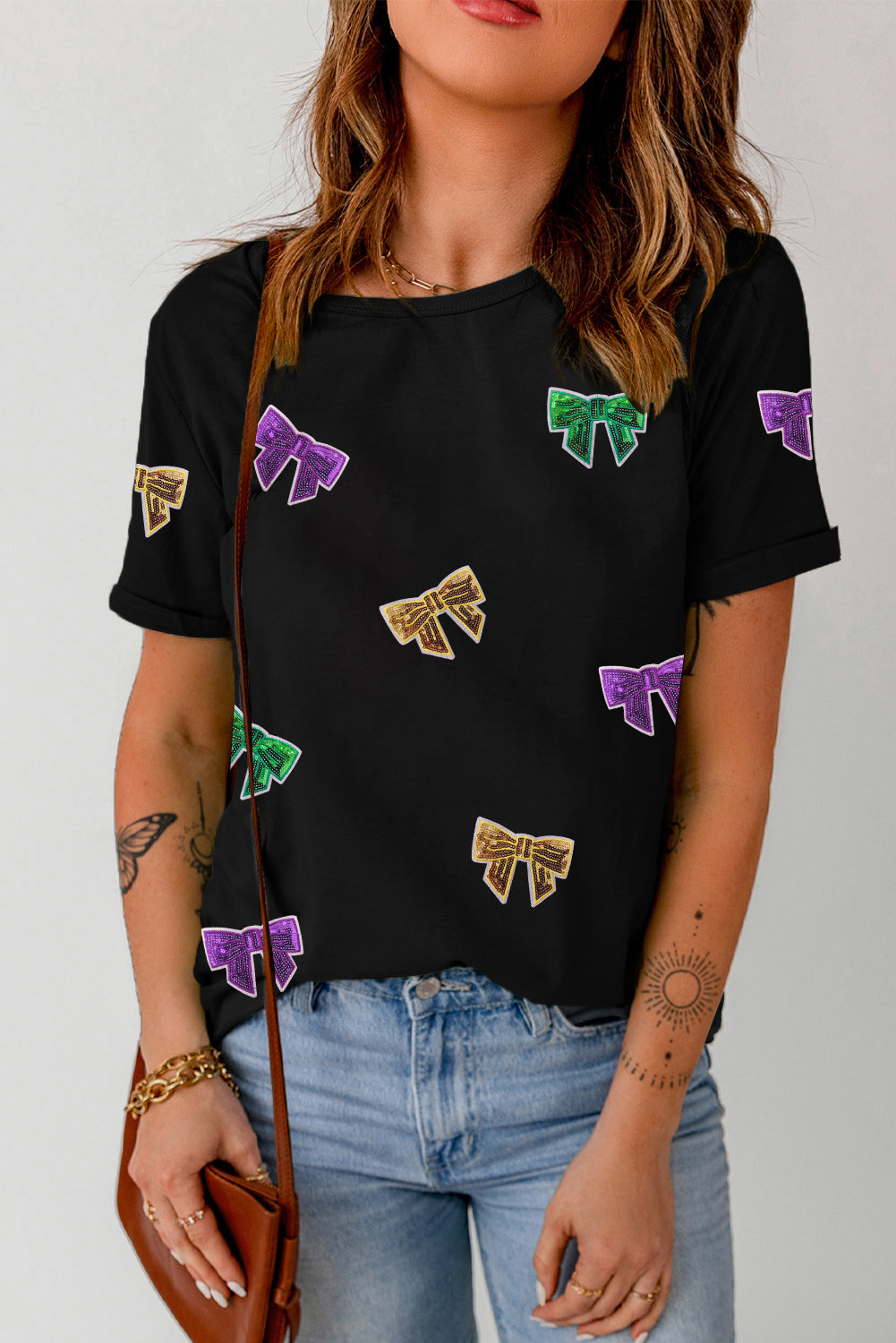 Black Mardi Gras Sequin Bow Knot Crew Neck T Shirt