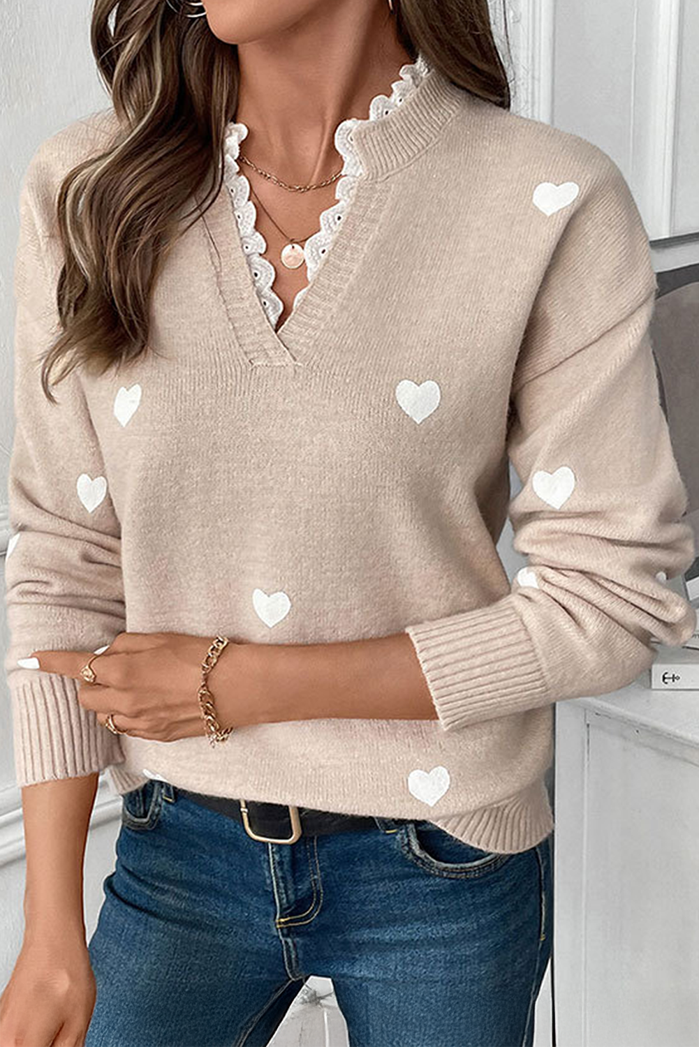 Smoke Gray Heart Print Lace Splicing V Neck Valentines Sweater