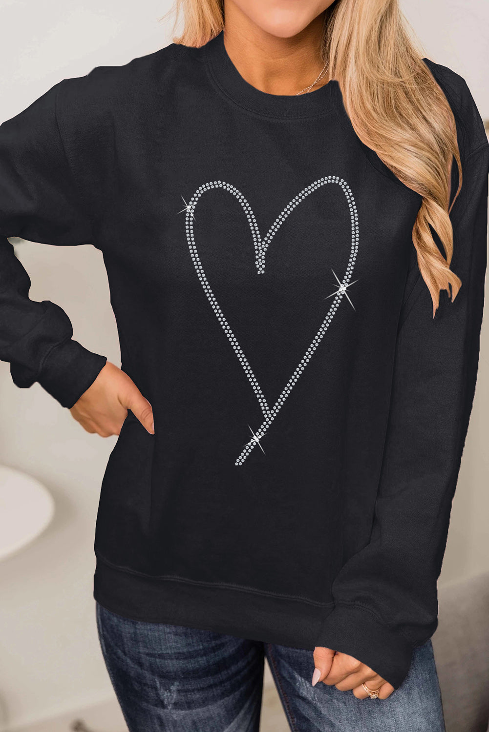 Black Rhinestone Heart Pattern Valentines Fashion Sweatshirt