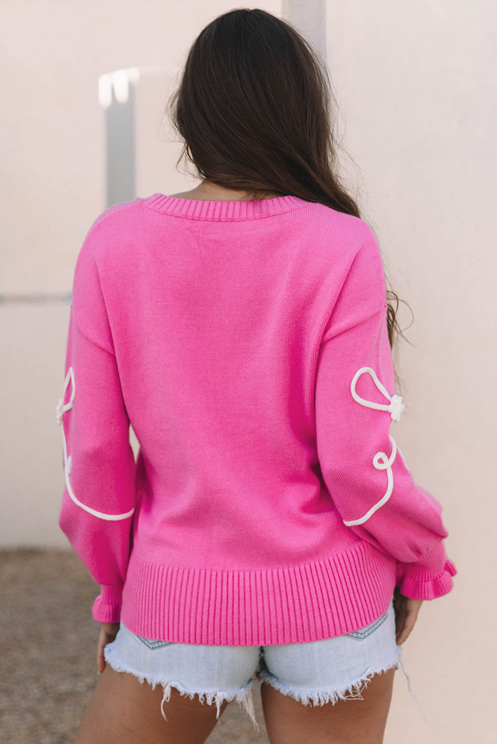 Bright Pink Corded Flower Bow Ribbed Trim Casual Sweater