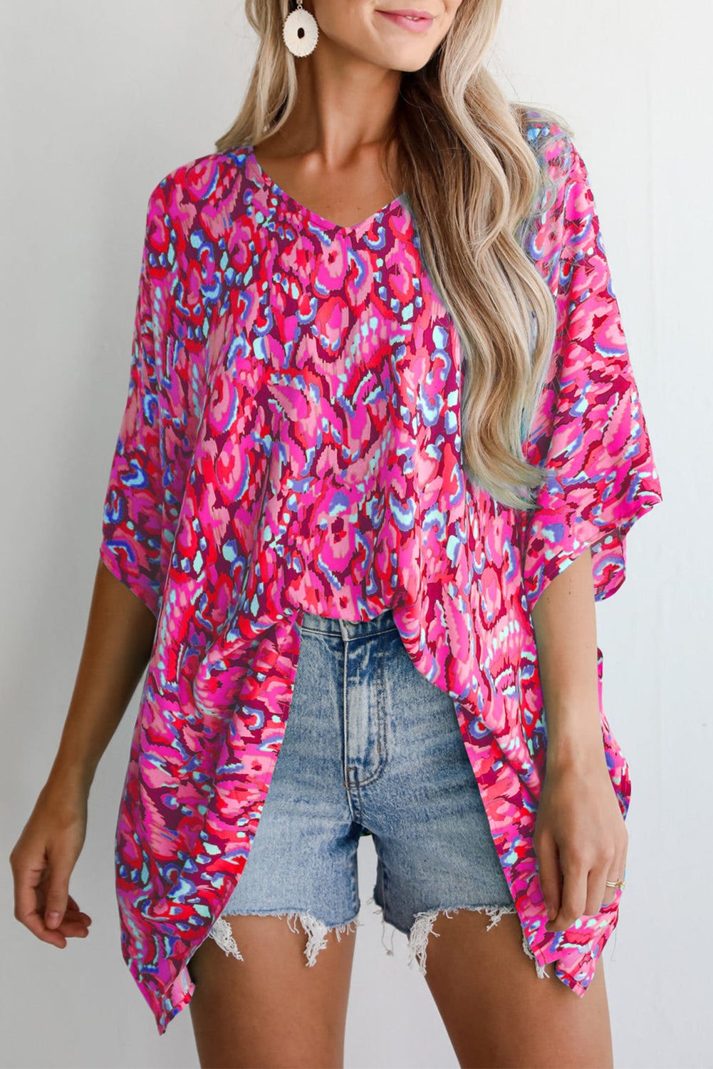 Pink Abstract Print V Neck Half Sleeve Loose Fit Tunic Blouse