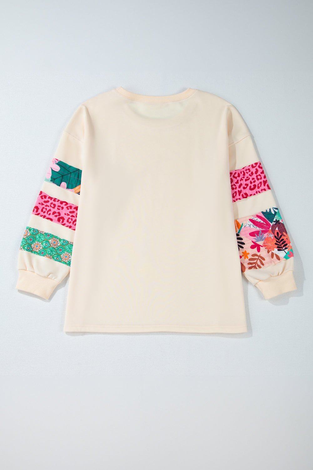 Beige Plus Size Printed Patchwork Sleeve Split Sweatshirt