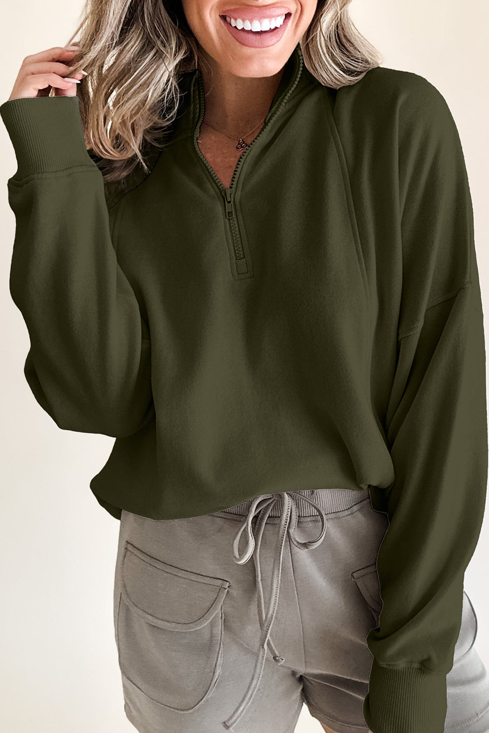 Black Zipped Neck Pullover Drop Shoulder Sweatshirt