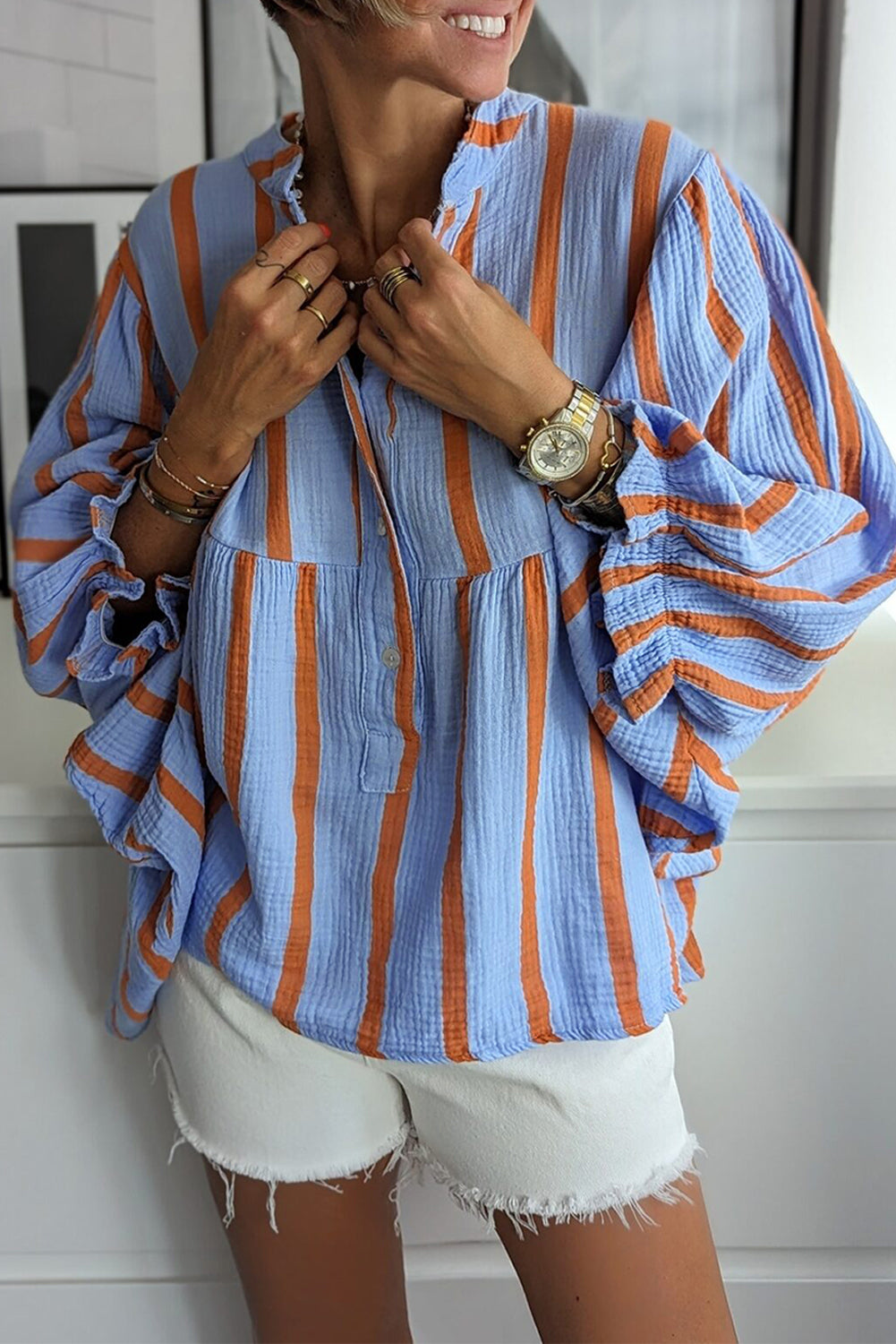 Orange Stripe Crinckled Ruffled Sleeve Button up Loose Shirt