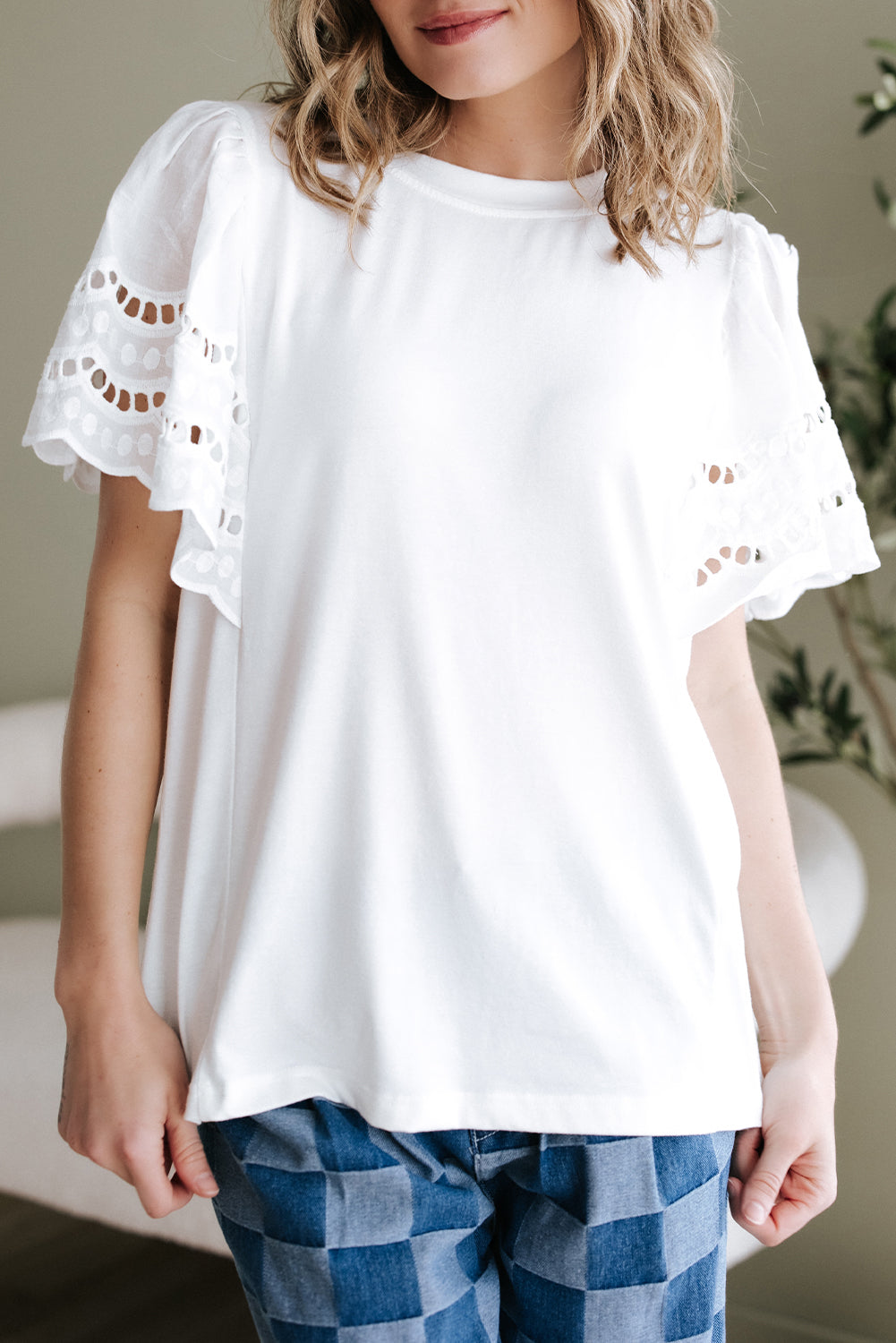 White Hollow Out Embroidered Short Sleeve O Neck Top