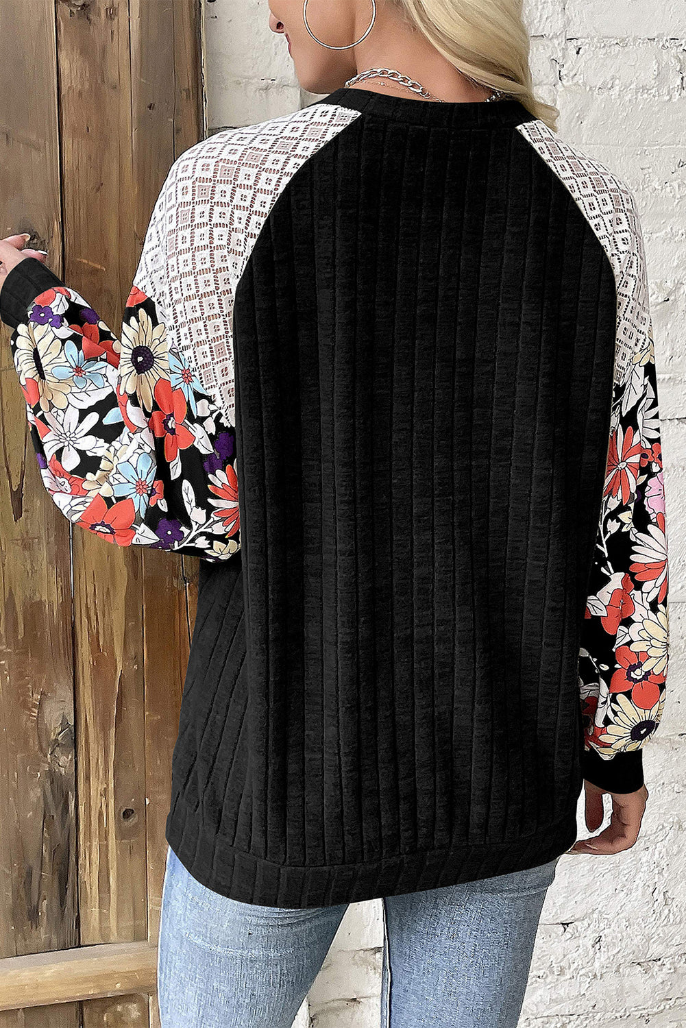 Parchment Floral Patchwork Long Sleeve Ribbed Blouse