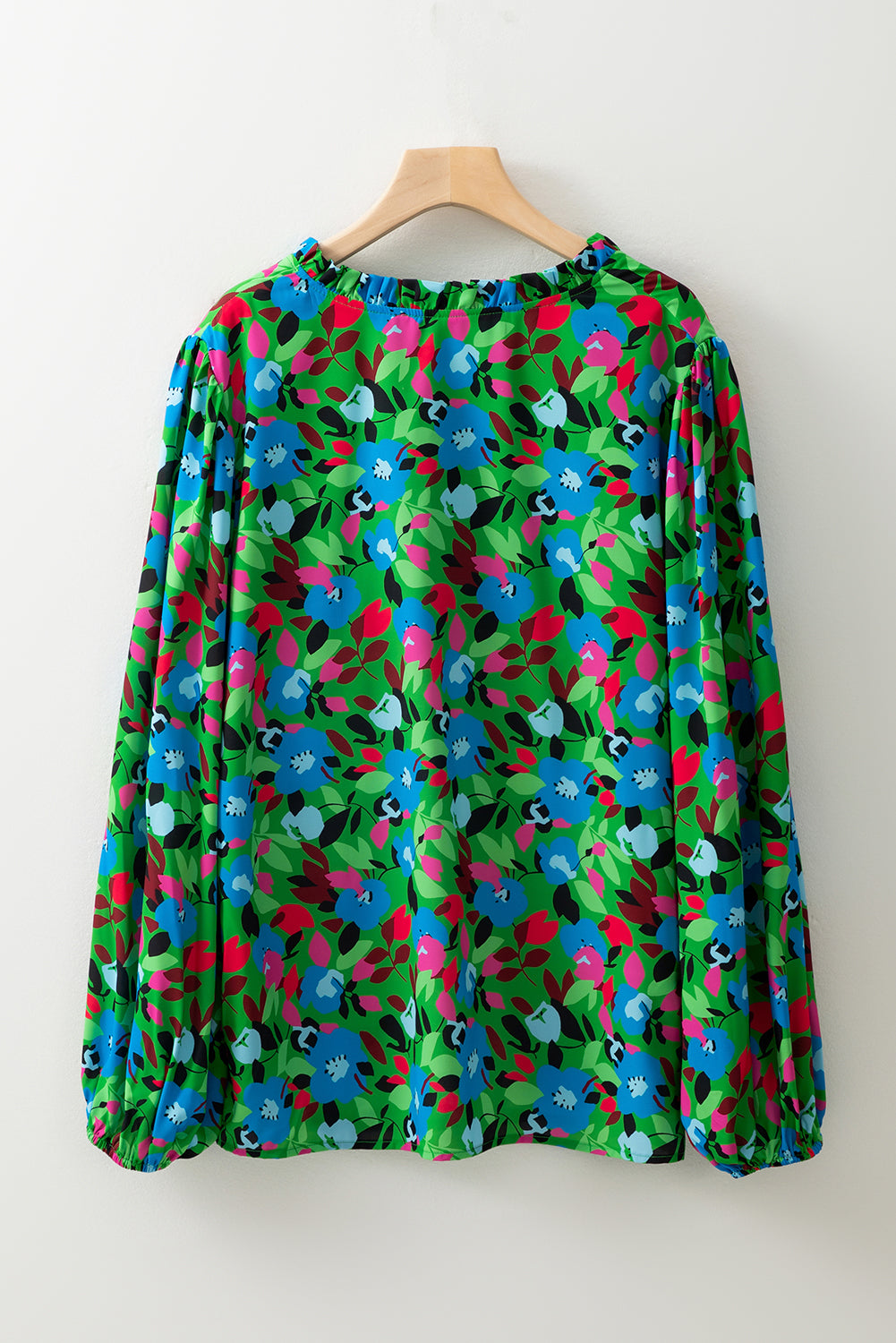 Green Plus Size Floral Bubble Sleeve V Neck Blouse