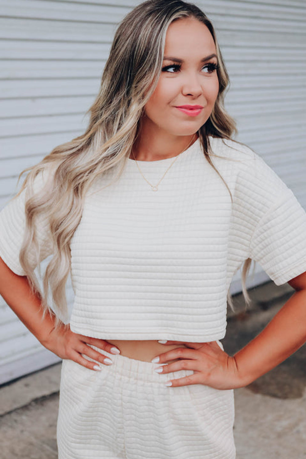 White Lattice Textured Cropped Tee and Jogger Pants Set