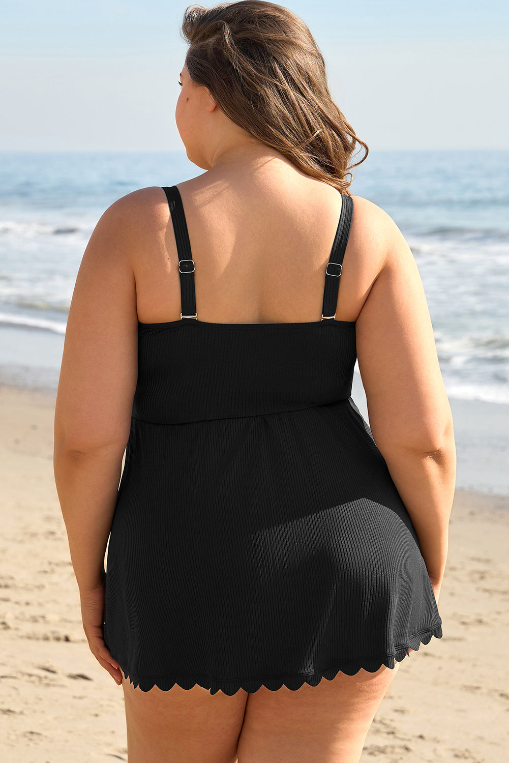 Black Plus Size Textured Scalloped Trim Swim Dress with Panty