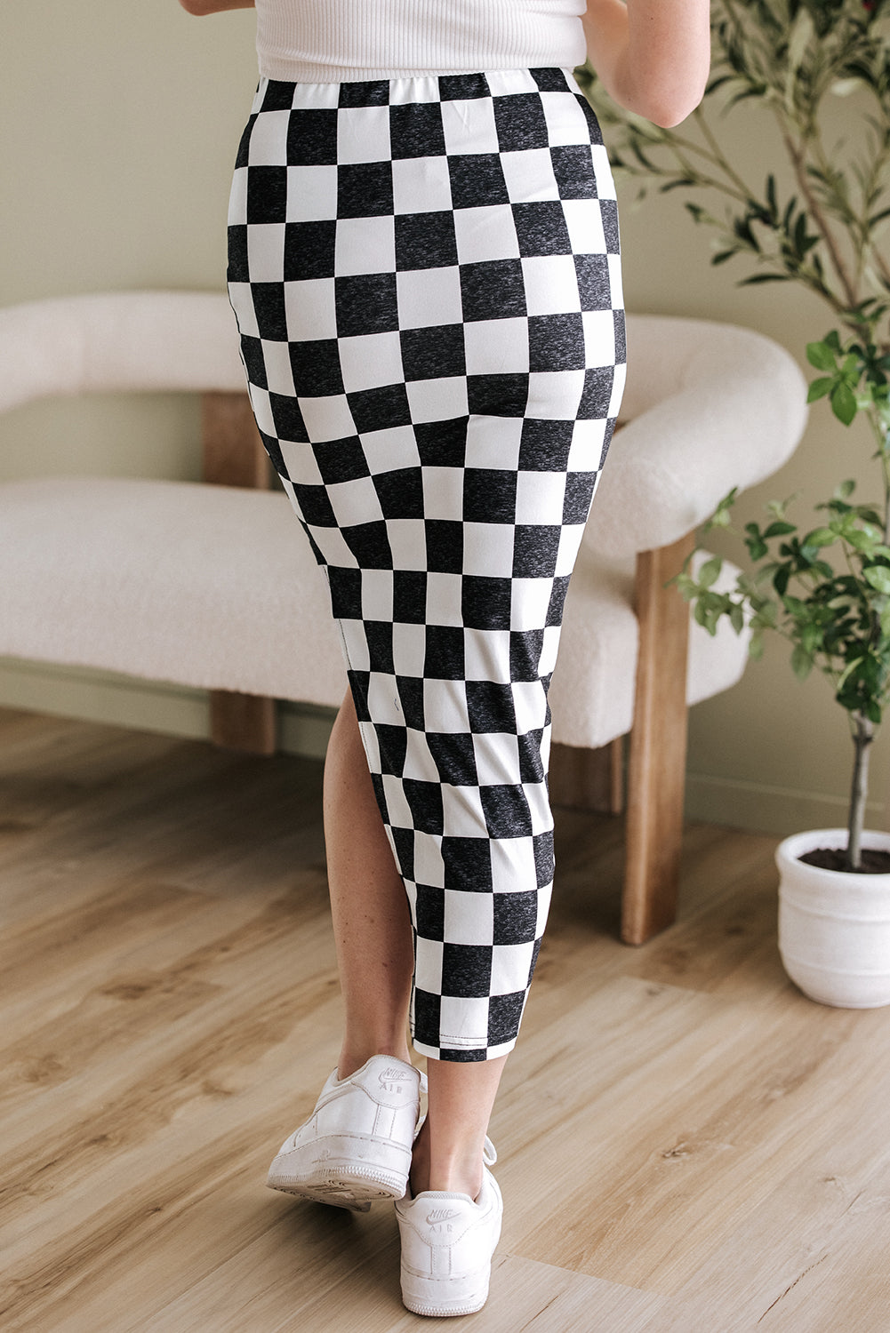 Rose Checkered Print Side Slit High Waist Midi Skirt