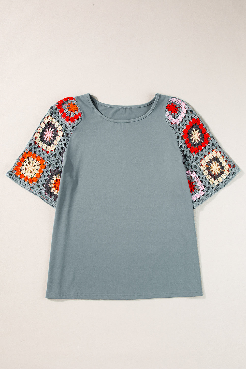 Turquoise Floral Crochet Short Sleeve Top