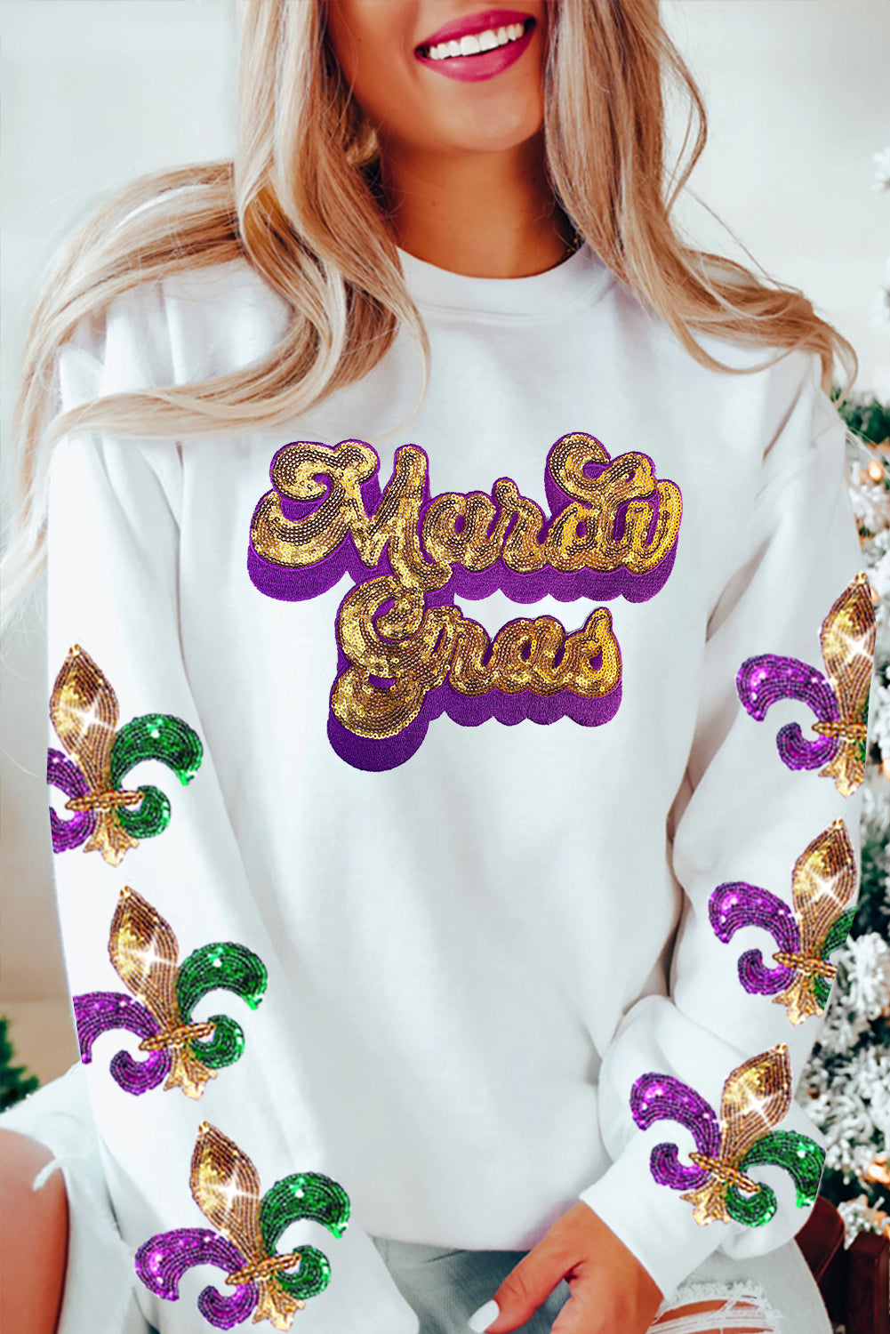 Beige Sequin Mardi Gras Patched Pattern Fleur de Lis Sleeve Sweatshirt