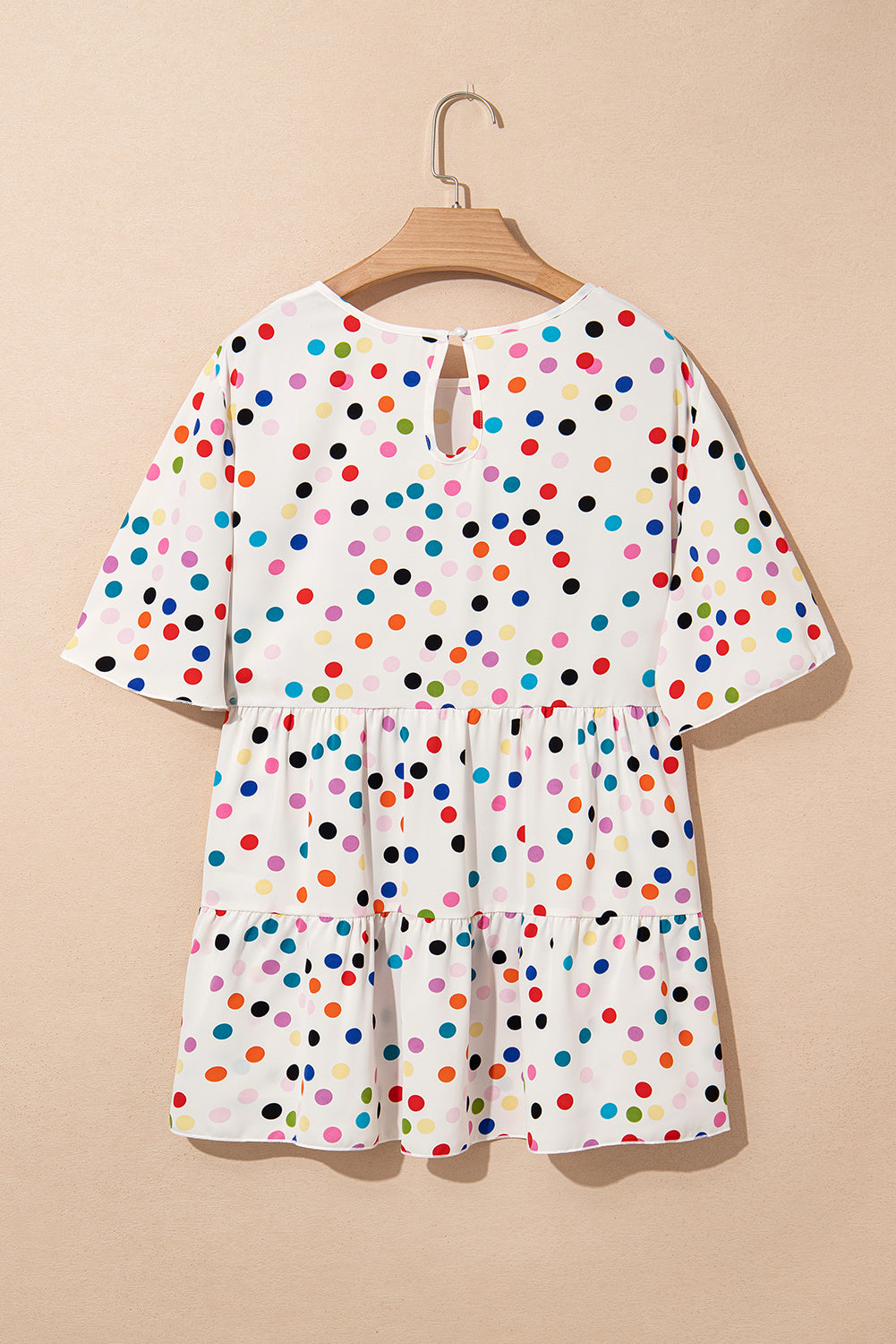 Beige Colorful Polka Dot Print Short Sleeve Ruffled Plus Size Babydoll Blouse