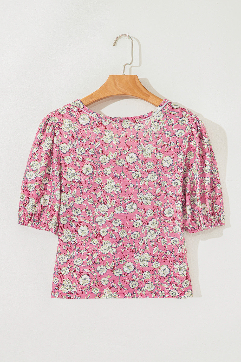 Pink Floral Short Puff Sleeve V Neck Ruched Blouse