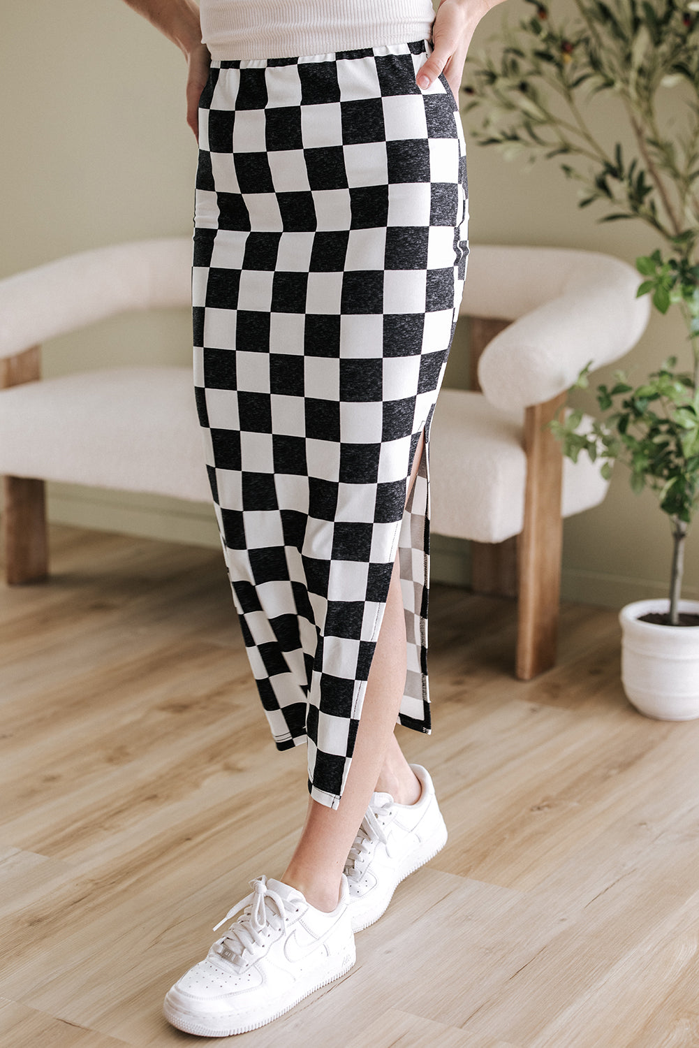 Rose Checkered Print Side Slit High Waist Midi Skirt