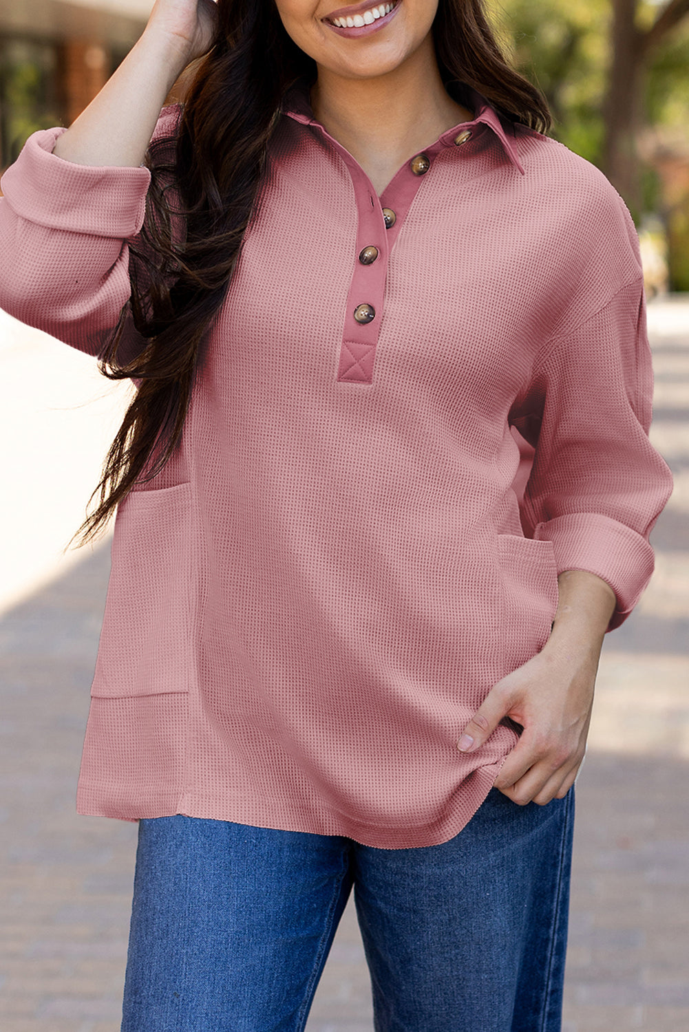 Pink Waffle Long Sleeve Collar Half Button Loose Top