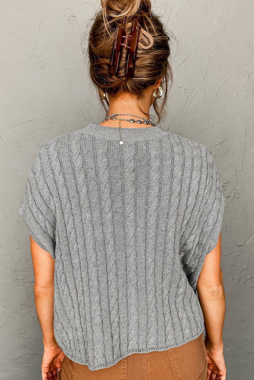 Black Crew Neck Cable Knit Short Sleeve Sweater