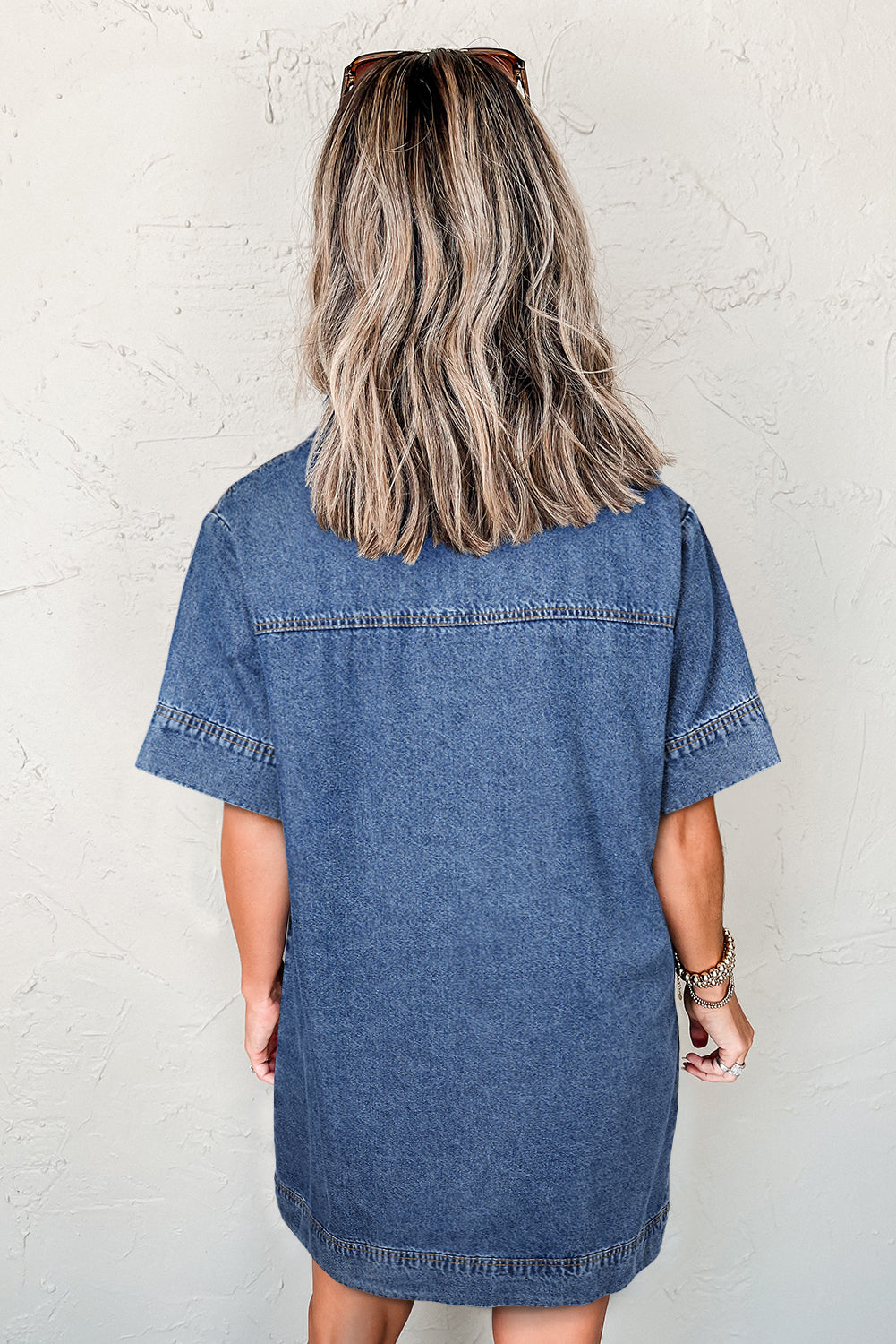 Beau Blue Short Sleeve Collared Patched Pocket Denim Mini Dress