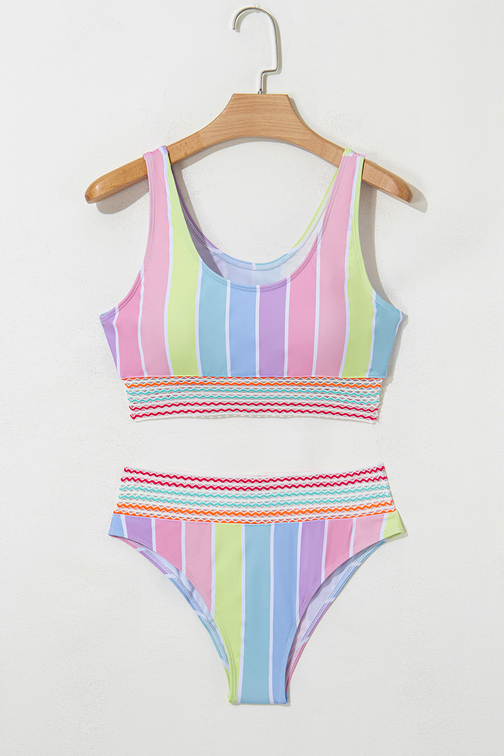 Pink Chevron Hollowed Trim 2pcs Rainbow Stripe Bikini Swimsuit